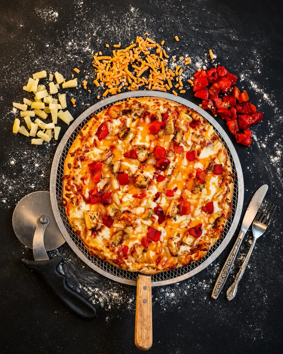 Nayya BBQ chicken pizza with cheese and red peppers