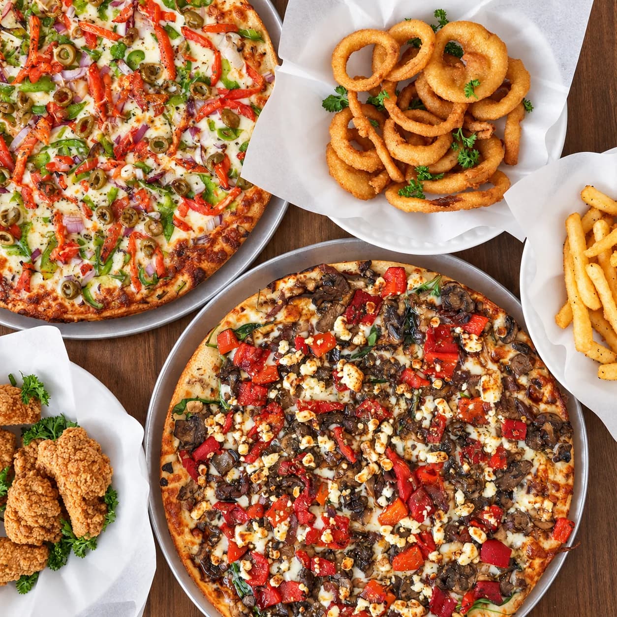 Nayya pizzas, onion rings, fries and crispy chicken, photographed together